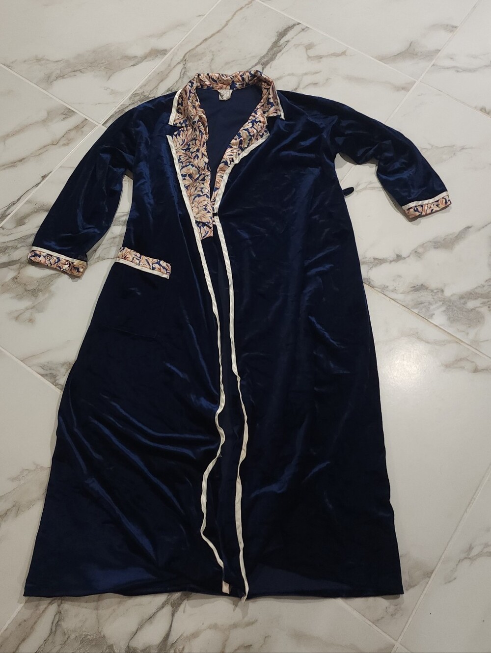 Vintage Apple Navy Velvet Robe with Floral Trim - Womans
